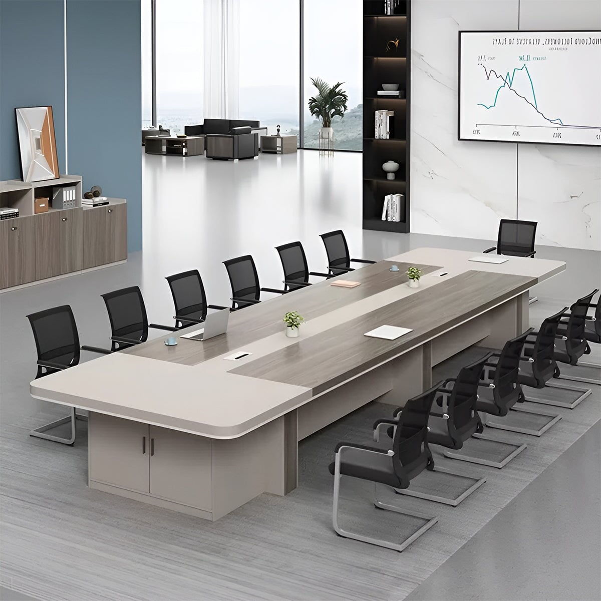 分厚い天板　重厚感　安定性　扉付き収納　大容量　配線ボックス　メラミン化粧板　幅広　ゆとり　会議テーブル　テーブル　ミーティングテーブル　上質　格調高い　落ち着き　カスタマイズ可能　HYZ-K-078