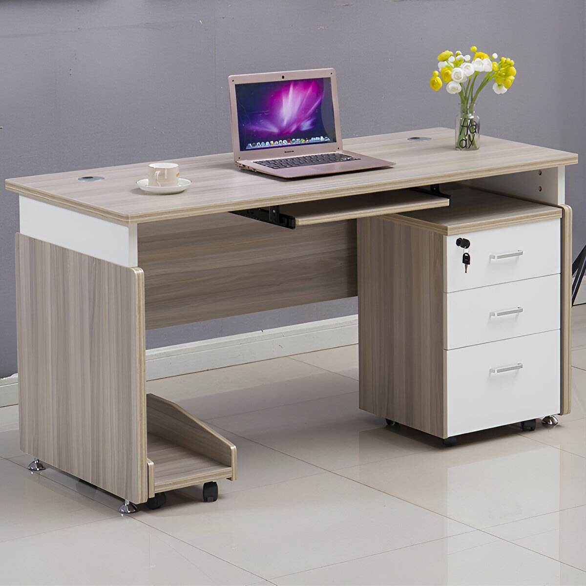 広さ　配線穴キャップ　チェスト　引き出し　キャスター　Ｒ仕上げ　幕板　デスク　オフィスデスク　シンプル　モダン　安定性　ライトウォールナット　カスタマイズ可能　BGZ-K024    