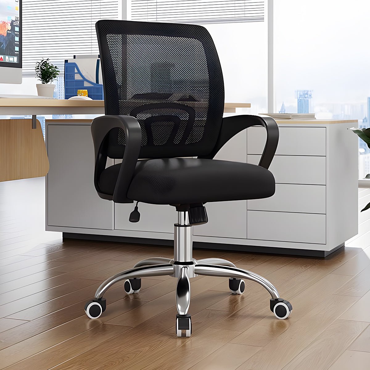 ワークチェア　オフィスチェア　デスクチェア　ミーティングチェア　ループ脚　人間工学　５本脚ベース　肘掛け　リクライニング機能　メッシュ　シンプル　ブラック