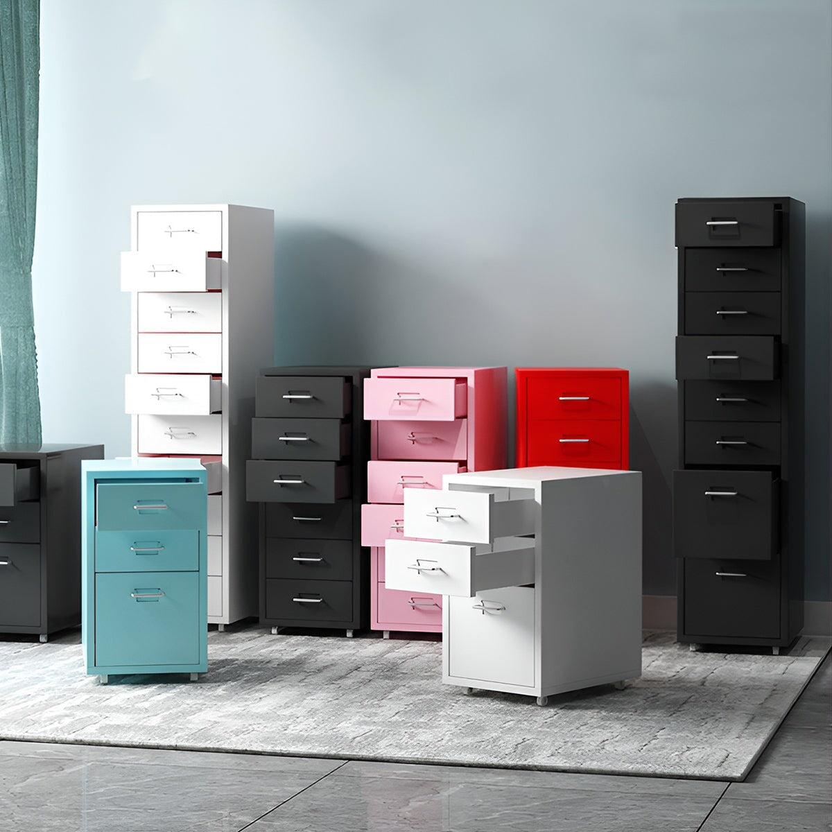 スチール材　冷間加工　頑丈　耐久性　取っ手付き　キャスター　カードホルダー　チェスト　キャビネット　収納　引き出し　シンプル　実用　ホワイト　