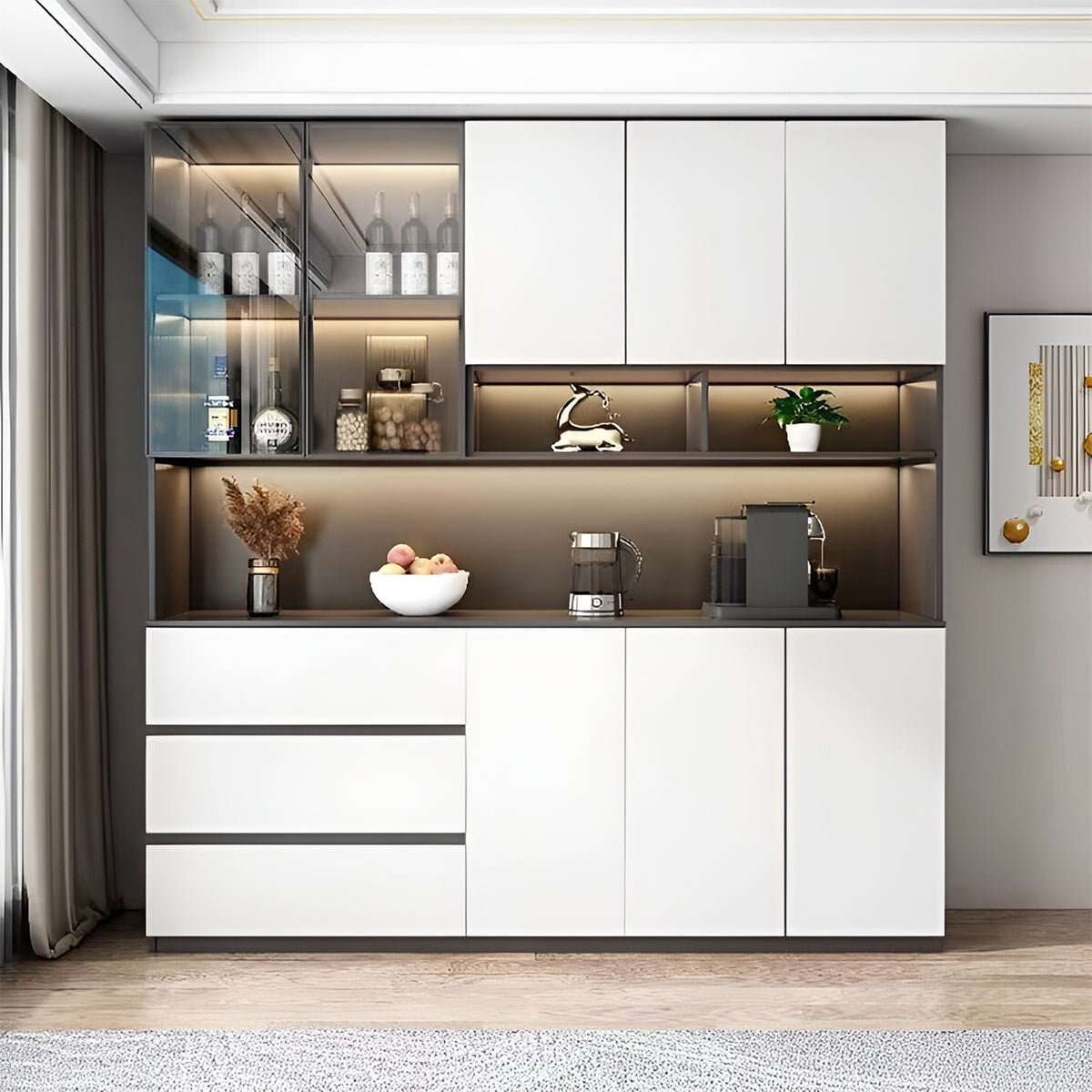 プッシュオープン式扉　便利　オープン収納　扉付き収納　引き出し　多目的　分類収納　台輪　安定性　収納棚　キャビネット　棚　大容量　実用的　ホワイト　ブラック　CWG-K-010