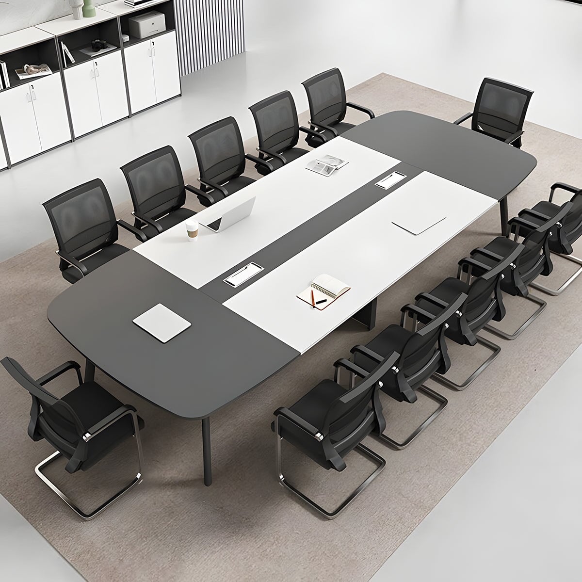 炭素鋼脚　八の字構造　安定性　開放感　Ｒ仕上げ　エコ板材　配線ボックス　テーブル　ミーティング　会議テーブル　木目調　バイカラー　落ち着き　ホワイト　カスタマイズ可能　HYZ-K-017