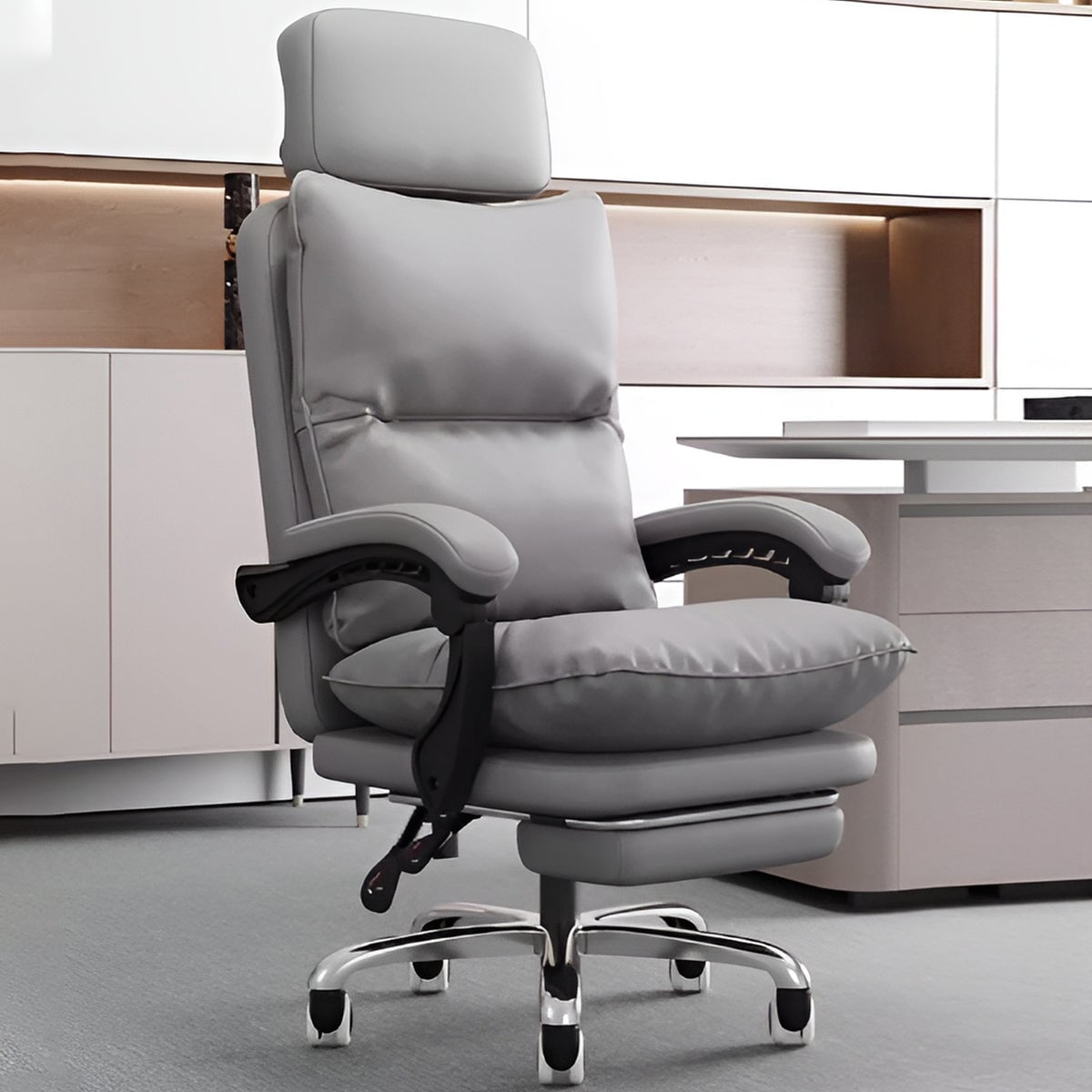 肉厚クッション　連動式アームレスト　ヘッドレスト　調節可能　リクライニング　人間工学　チェア　オフィスチェア　昇降回転式　機能的　快適　グレー