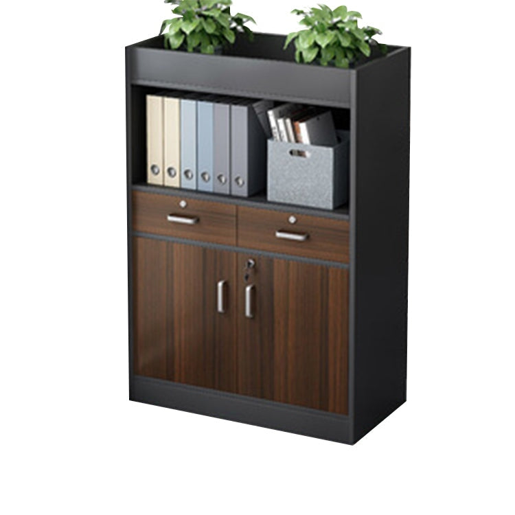 キャビネット　オフィス収納　オフィスキャビネット　収納棚　木目調　シリンダー錠付き　鍵付き　観音開き　オープン収納　ナチュラル　ウォルナット　CWG-084 -  