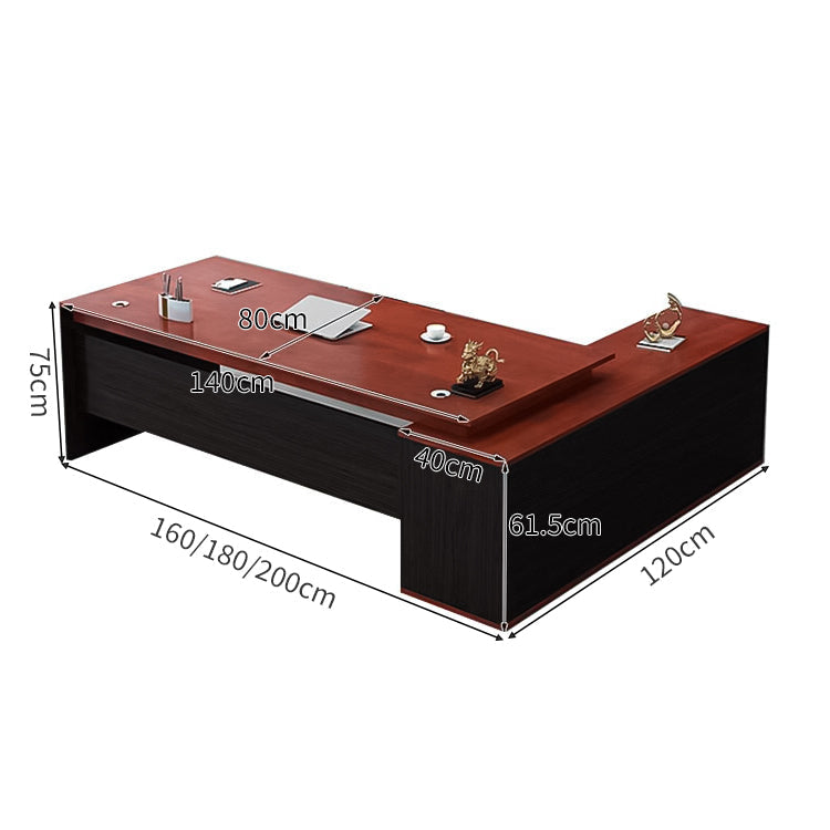 L字型エグゼクティブデスク（幕板×サイドキャビネット×配線穴付き）｜木目調×ブラックデザイン｜社長室×役員室向け
