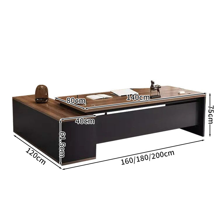 L字型エグゼクティブデスク（幕板×サイドキャビネット×配線穴付き）｜木目調×ブラックデザイン｜社長室×役員室向け