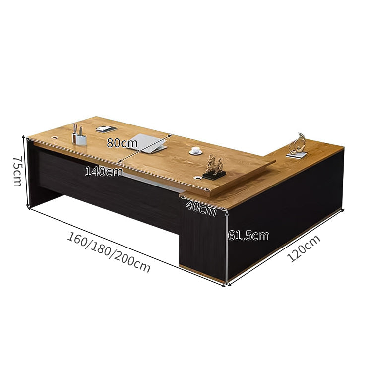 L字型エグゼクティブデスク（幕板×サイドキャビネット×配線穴付き）｜木目調×ブラックデザイン｜社長室×役員室向け