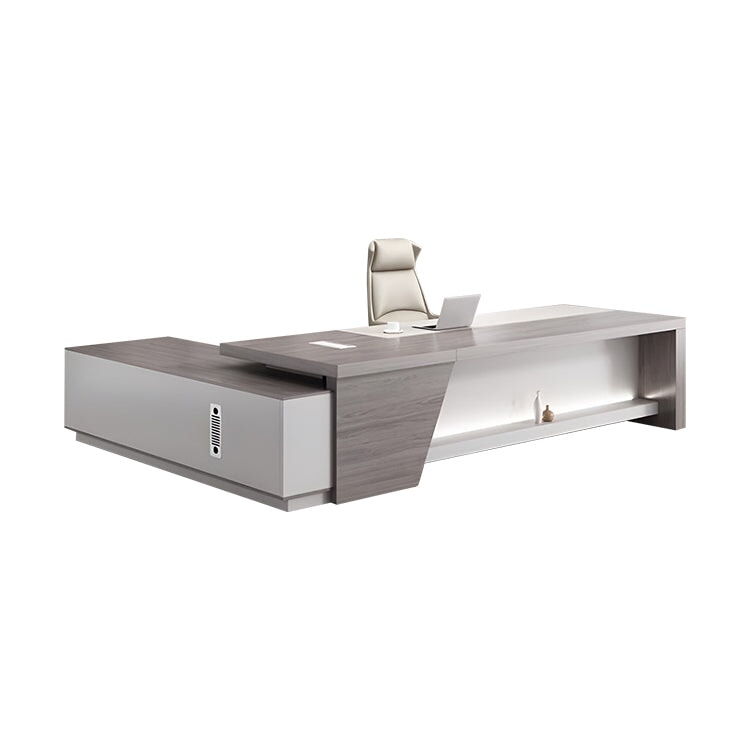 エグゼクティブデスク　オフィスデスク　役員机　ダイヤル錠　キャスター付き　排気口付き　L字型　配線ボックス付き　ブラウン　カスタマイズ可能　LBZ-K-040   