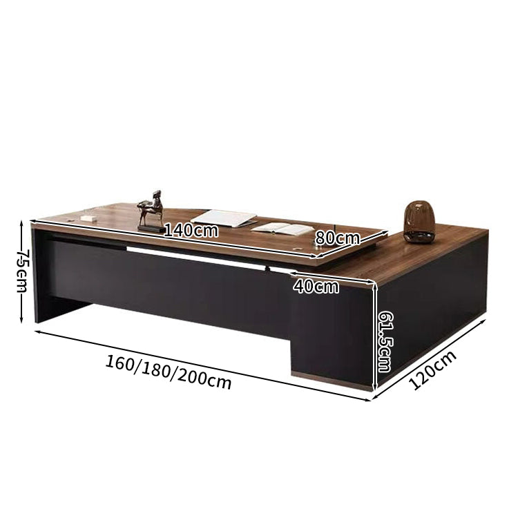 L字型エグゼクティブデスク（幕板×サイドキャビネット×配線穴付き）｜木目調×ブラックデザイン｜社長室×役員室向け