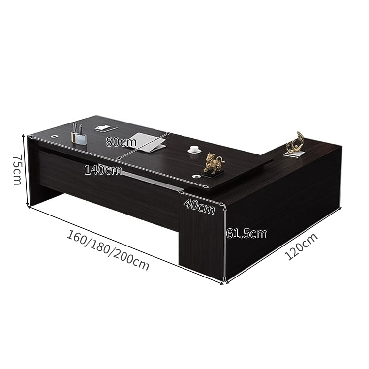 L字型エグゼクティブデスク（幕板×サイドキャビネット×配線穴付き）｜木目調×ブラックデザイン｜社長室×役員室向け