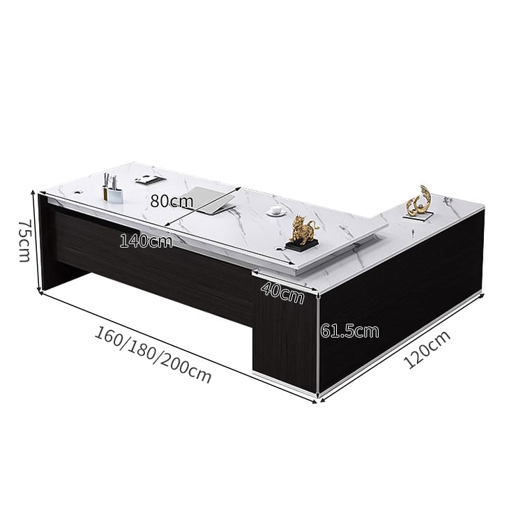 L字型エグゼクティブデスク（幕板×サイドキャビネット×配線穴付き）｜木目調×ブラックデザイン｜社長室×役員室向け
