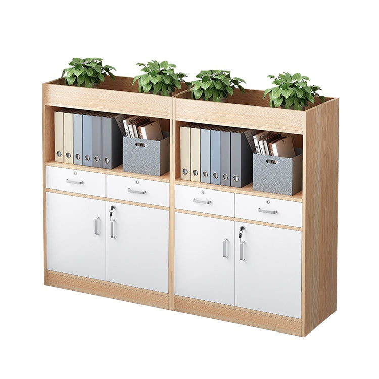 キャビネット　オフィス収納　オフィスキャビネット　収納棚　木目調　シリンダー錠付き　鍵付き　観音開き　オープン収納　ナチュラル　ウォルナット　CWG-084 -  