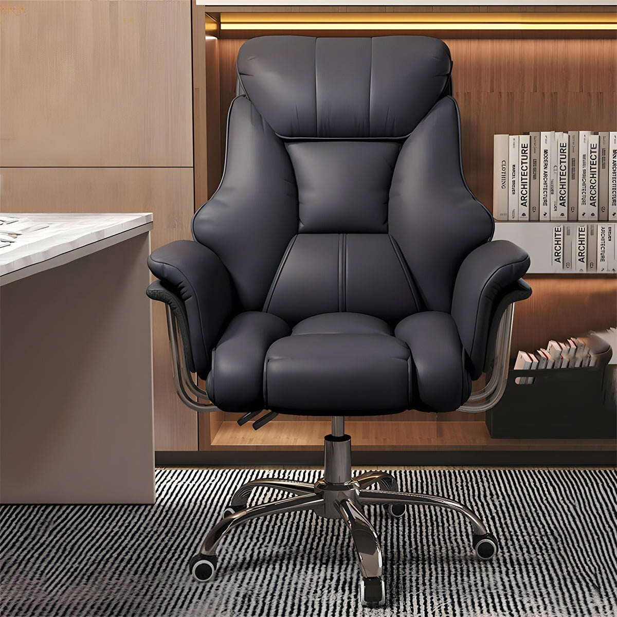 エルゴノミクスデザイン　リクライニング機能付き　PUレザー　ワークチェア　チェア　オフィスチェア　パソコンチェア　人間工学　ボリューム感　高級感　