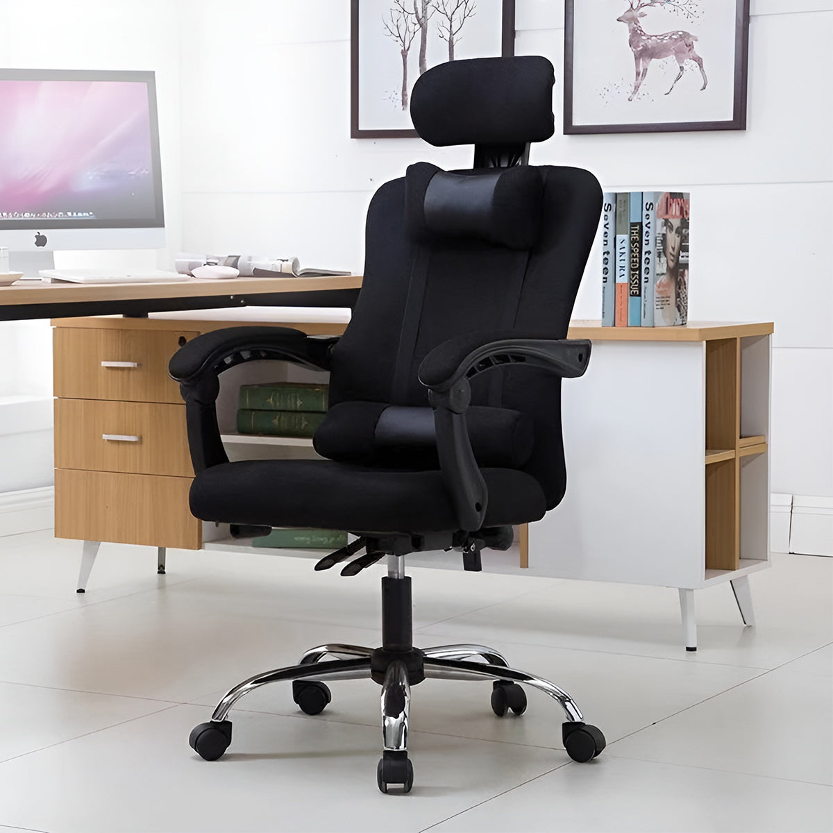 ヘッドレスト　調節可能　格納式フットレスト　連動式アームレスト　リクライニング　高反発ウレタン　柔らか　チェア　オフィスチェア　快適　機能性　ブラック　グリーン　