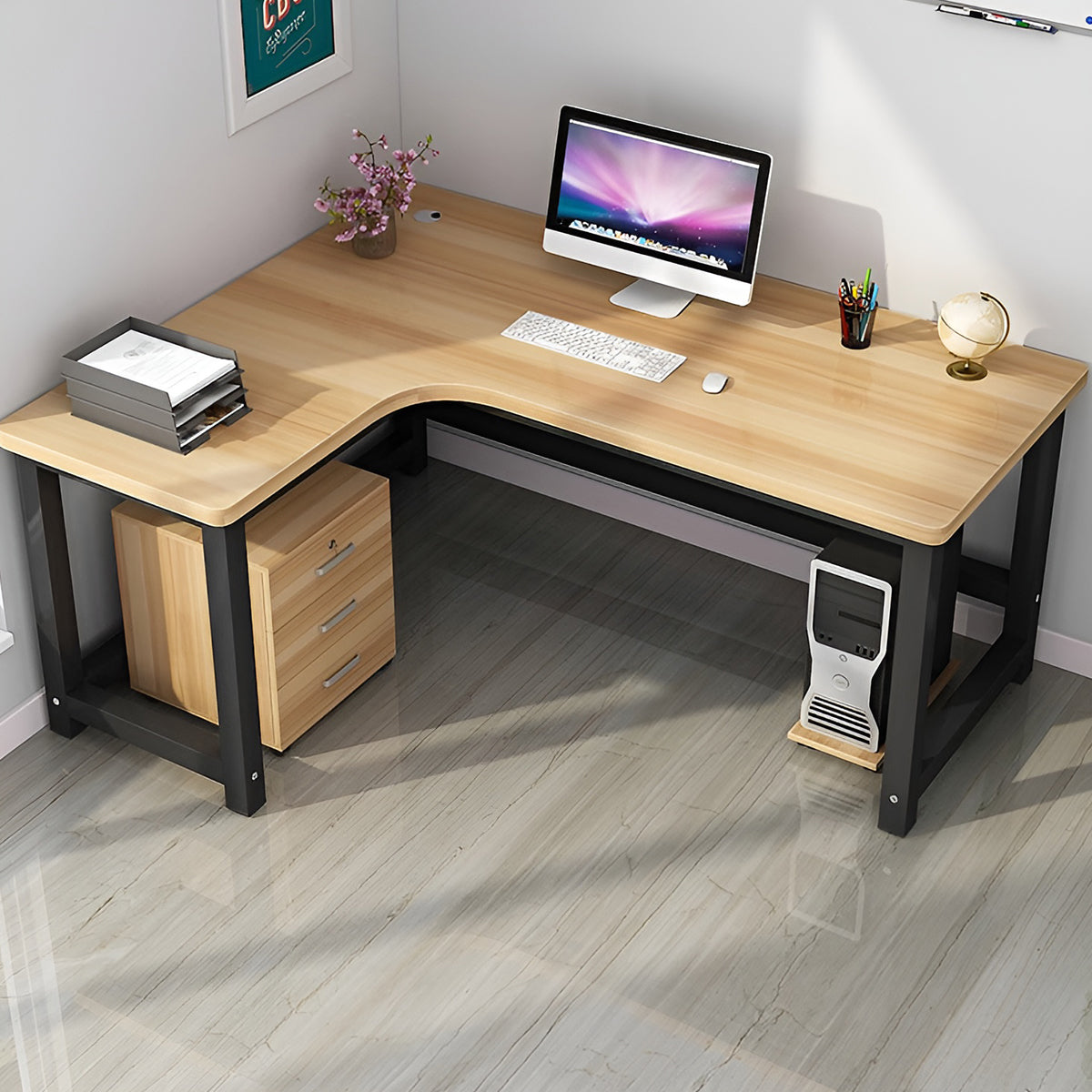 オフィスデスク　事務机　事務用デスク　パソコンデスク　ワークデスク　デスク　配線穴　サイドキャビネット　木目調　BGZ-120 -   