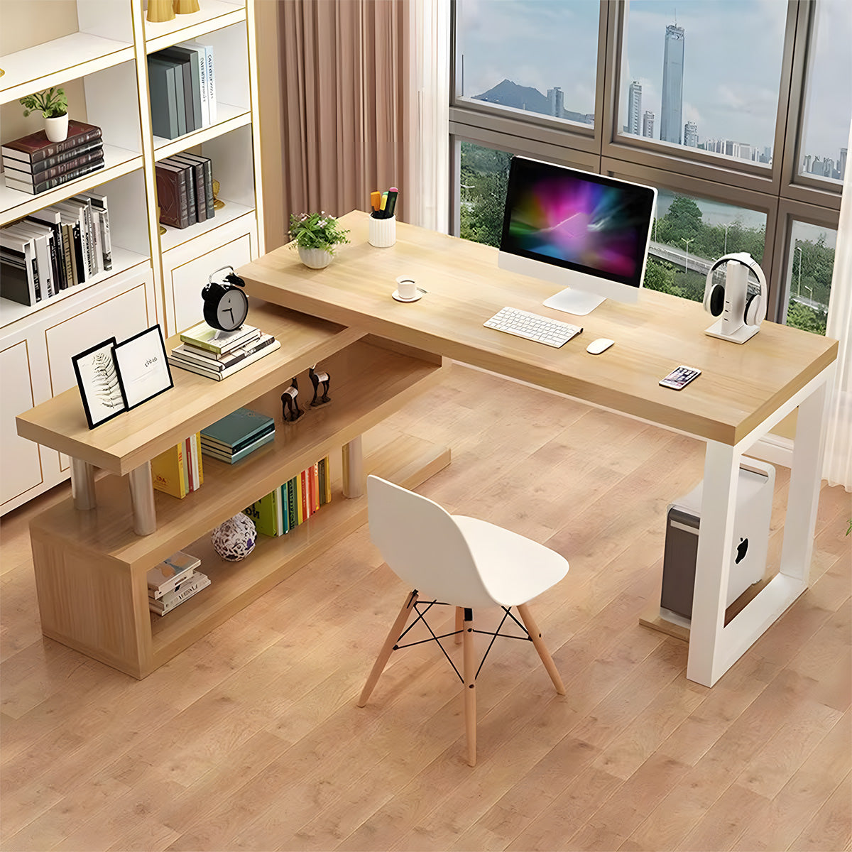 オフィスデスク　ワークデスク　事務机　L字型　広いスペース　焼付塗装　サイドキャビネット　大容量　シンプル　ホワイト　BGZ-M-142　