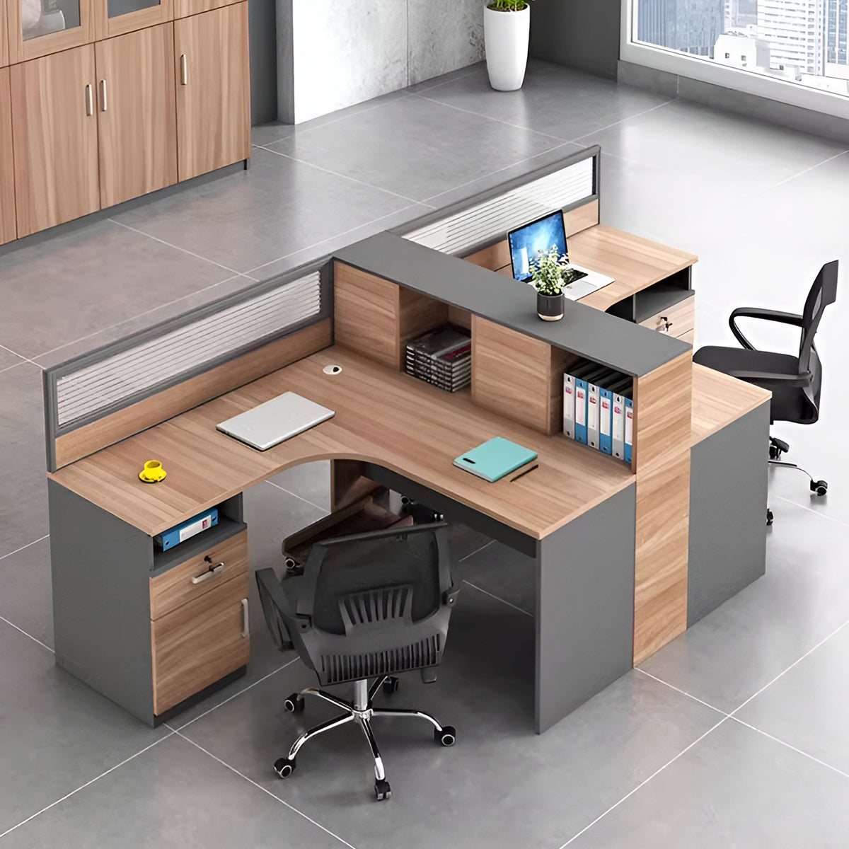 キャビネット　収納ラック　大容量　分類収納　配線孔　メラミン化粧板　パーティション　L字型　ゆとり　オフィスデスク　デスク　機能的　洗練　モダン　カスタマイズ可能　