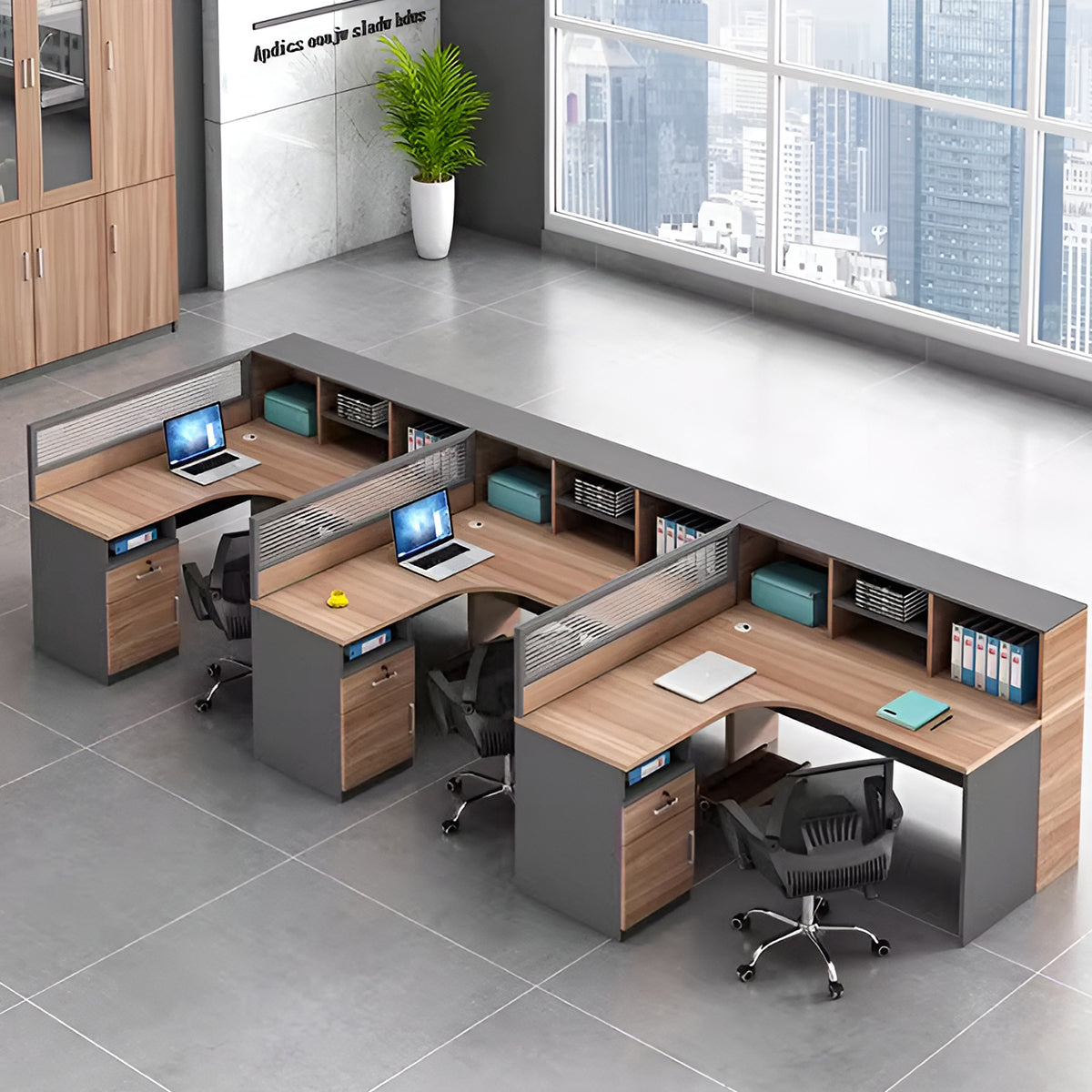 キャビネット　収納ラック　大容量　分類収納　配線孔　メラミン化粧板　パーティション　L字型　ゆとり　オフィスデスク　デスク　機能的　洗練　モダン　カスタマイズ可能　