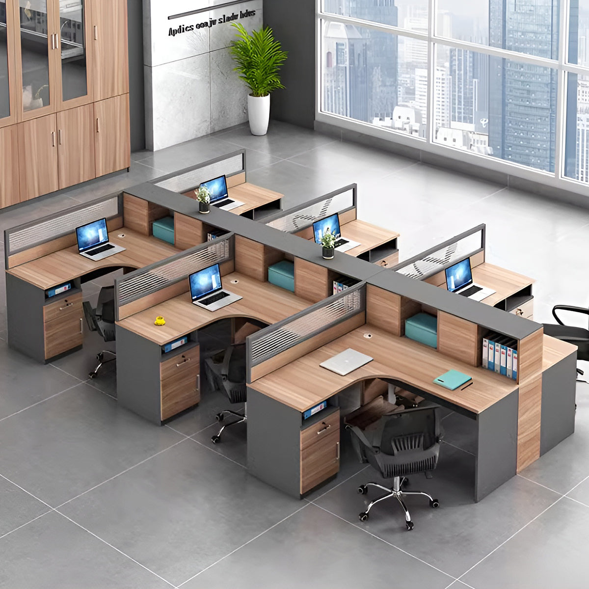 キャビネット　収納ラック　大容量　分類収納　配線孔　メラミン化粧板　パーティション　L字型　ゆとり　オフィスデスク　デスク　機能的　洗練　モダン　カスタマイズ可能　