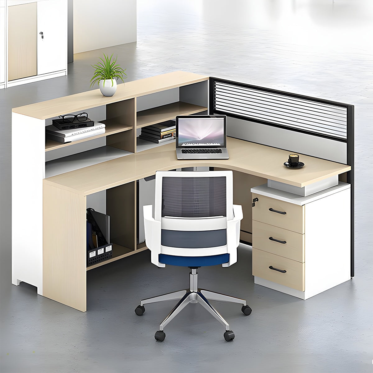 収納棚　キャビネット　防音パーティション　エコ板材　Ｌ字型　デスク　オフィスデスク　ワークデスク　実用　機能的　洗練　カスタマイズ可能