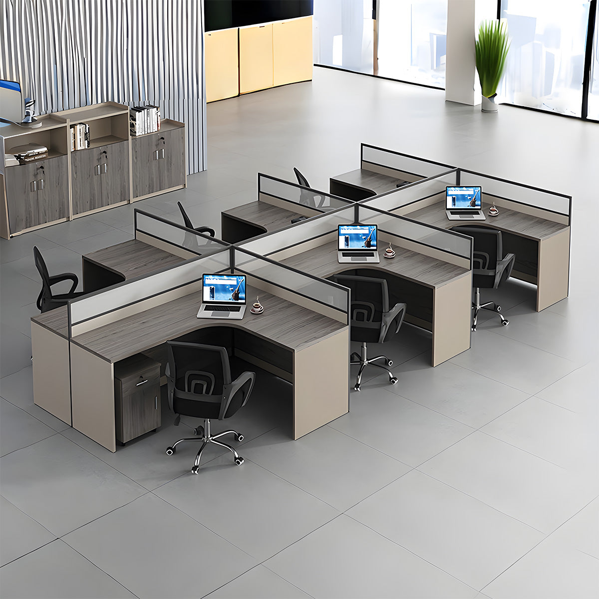 パーティション　厚い天板　Ｌ字型　チェスト　移動可能　錠付き引き出し　デスク　オフィスデスク　事務所用　木目調　落ち着き　洗練　カスタマイズ可能　BGZ-C040　