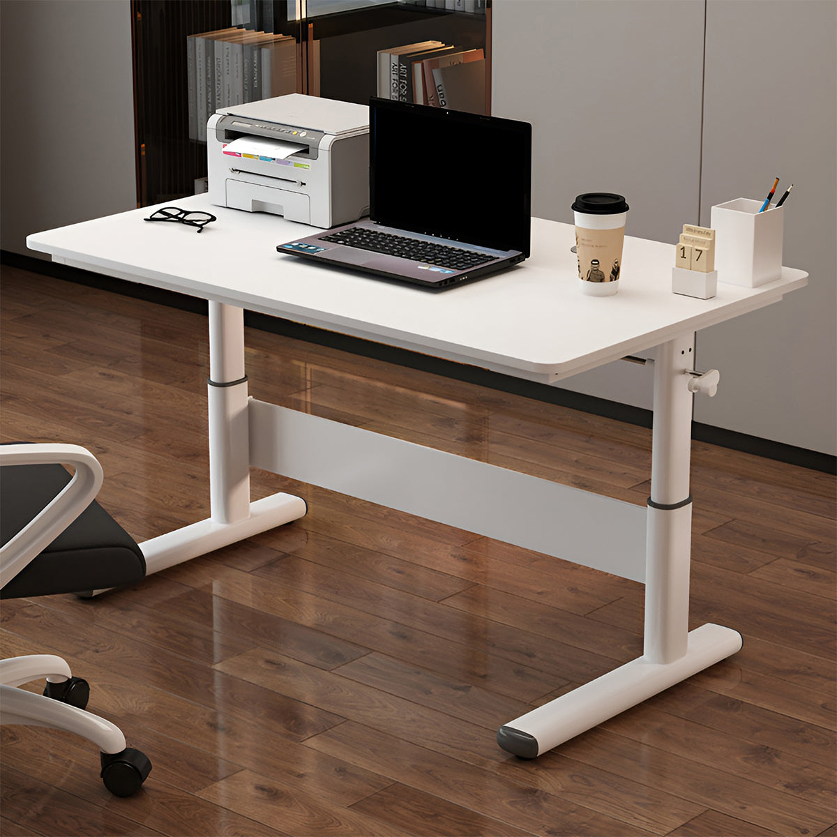 昇降可能　手動　レバー　引き出し　広い天板　ゆとり　エコ板材　頑丈　スチール脚　補強フレーム　デスク　昇降デスク　シンプル　モダン　使いやすい　ホワイト　ナチュラル　BGZ-K-161