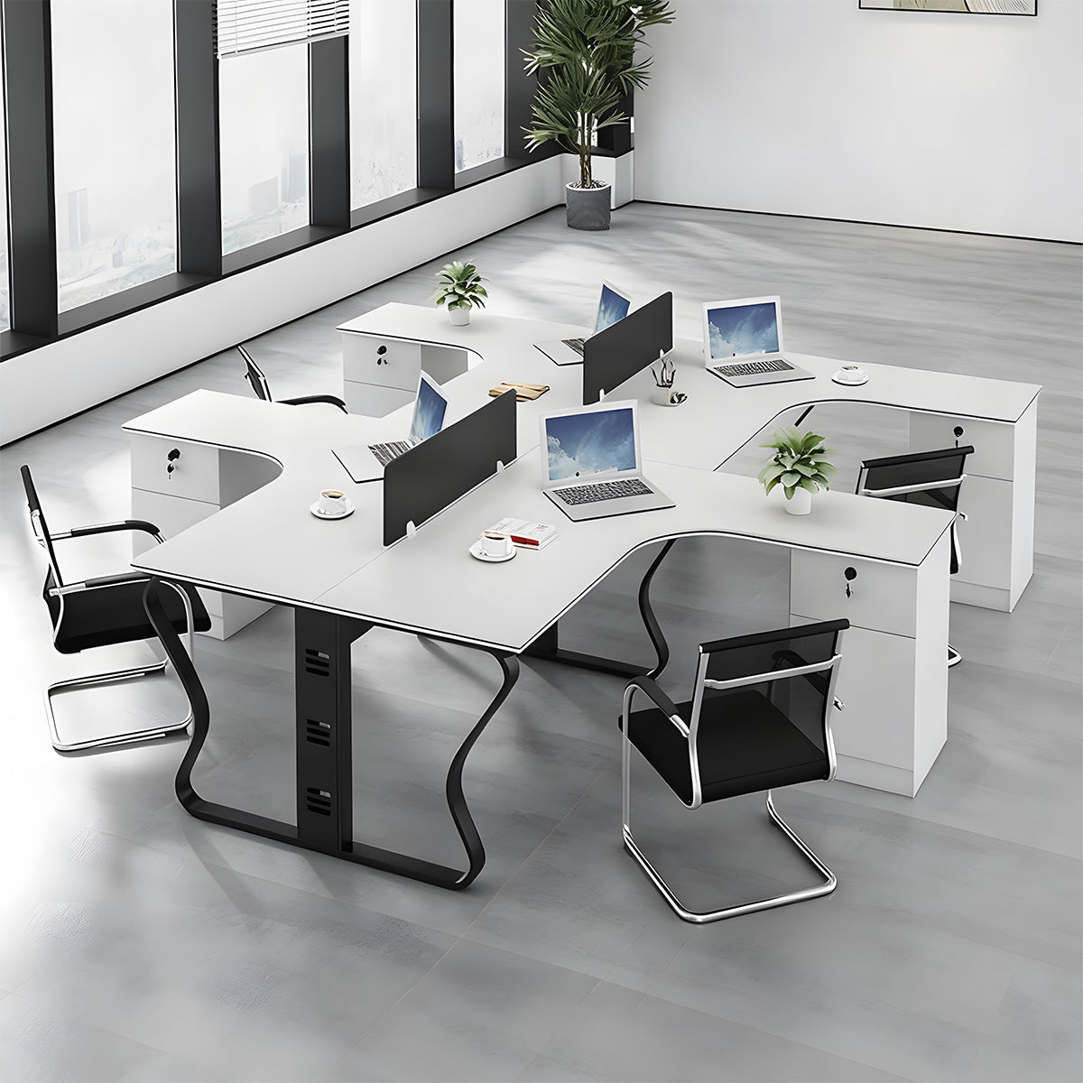 オフィスデスク　シンプルモダン　　多人数対応　スチール脚　ロの字脚　サイドキャビネット　錠付き　シリンダー錠　配線ダクト　焼付塗装　ホワイト　カスタマイズ可能　 