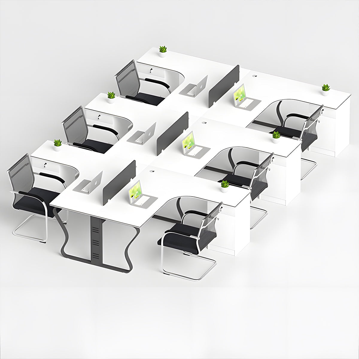 オフィスデスク　シンプルモダン　　多人数対応　スチール脚　ロの字脚　サイドキャビネット　錠付き　シリンダー錠　配線ダクト　焼付塗装　ホワイト　カスタマイズ可能　