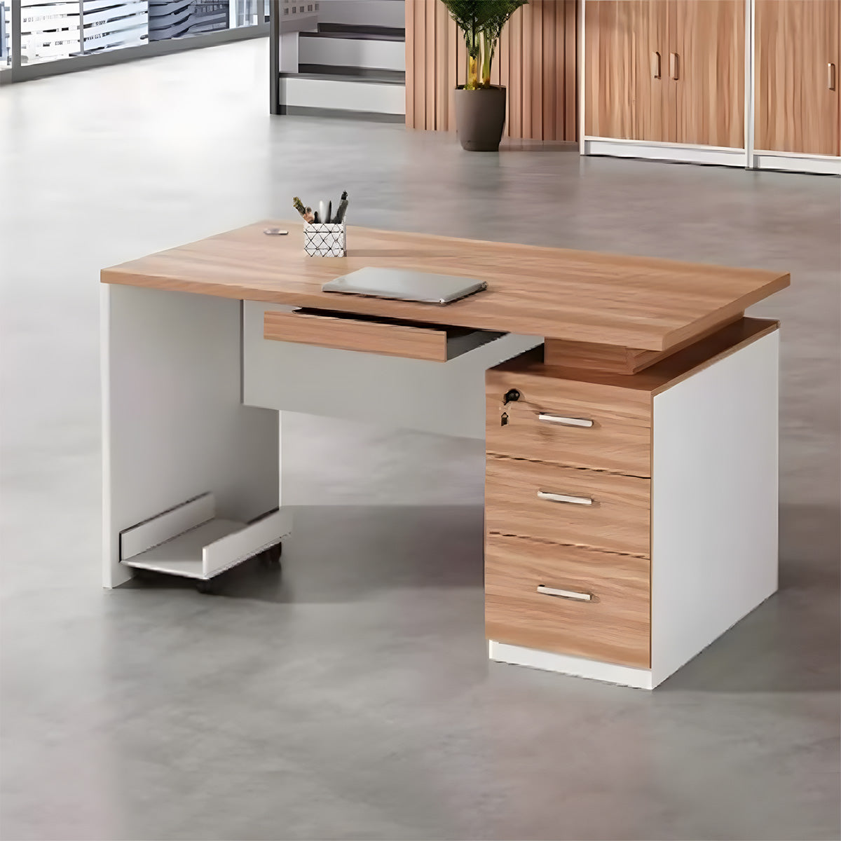 配線孔あり　収納機能　引き出し付き　エコ板材　長方形タイプ　事務机　パソコンデスク　ワークデスク　オフィスデス　会社用　事務所用　在宅ワーク用　シンプル　BGZ-T043　