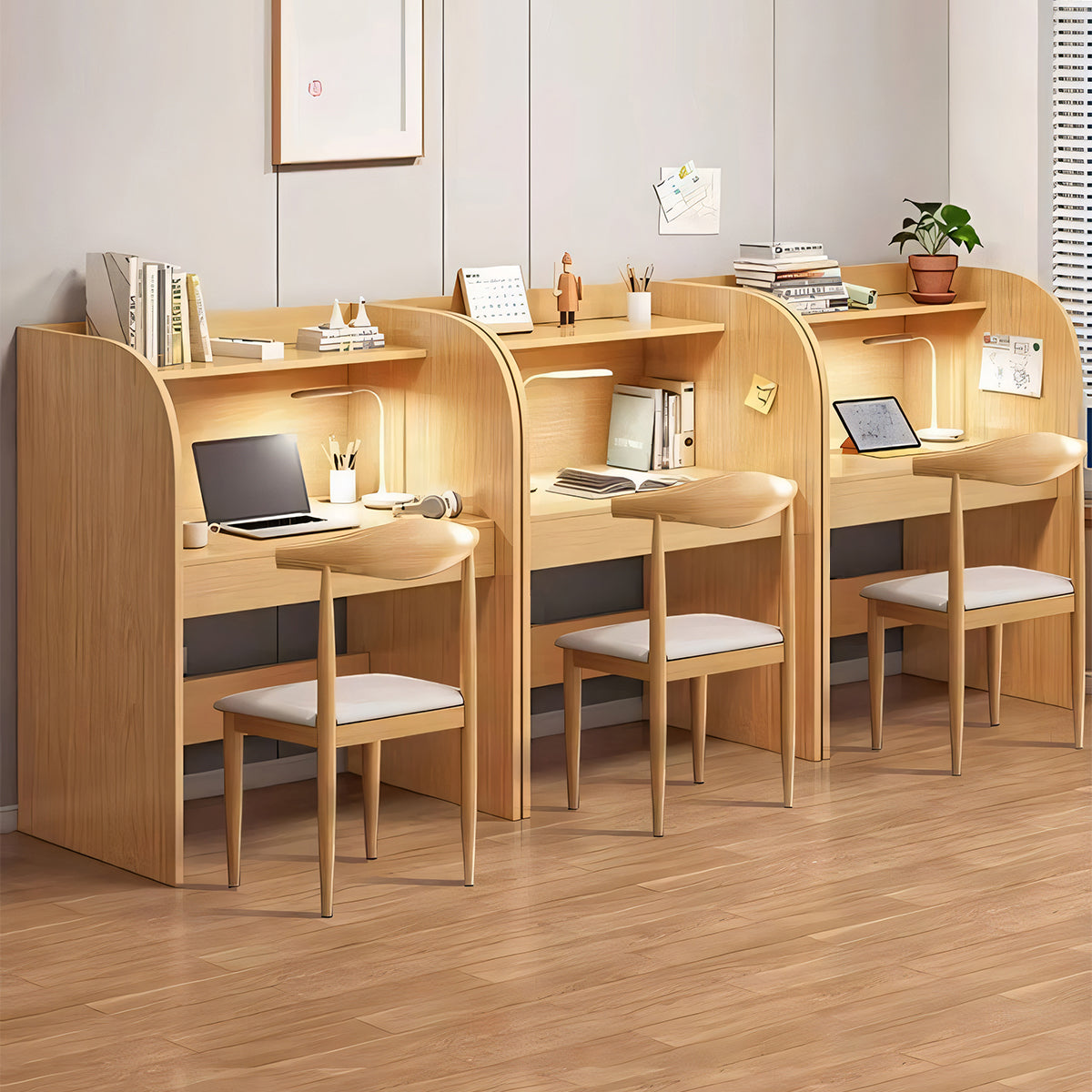 オフィスデスク　デスク　自習室用デスク　事務机　木目調　Ｒ加工　本棚　Ｒ加工　配線孔付き