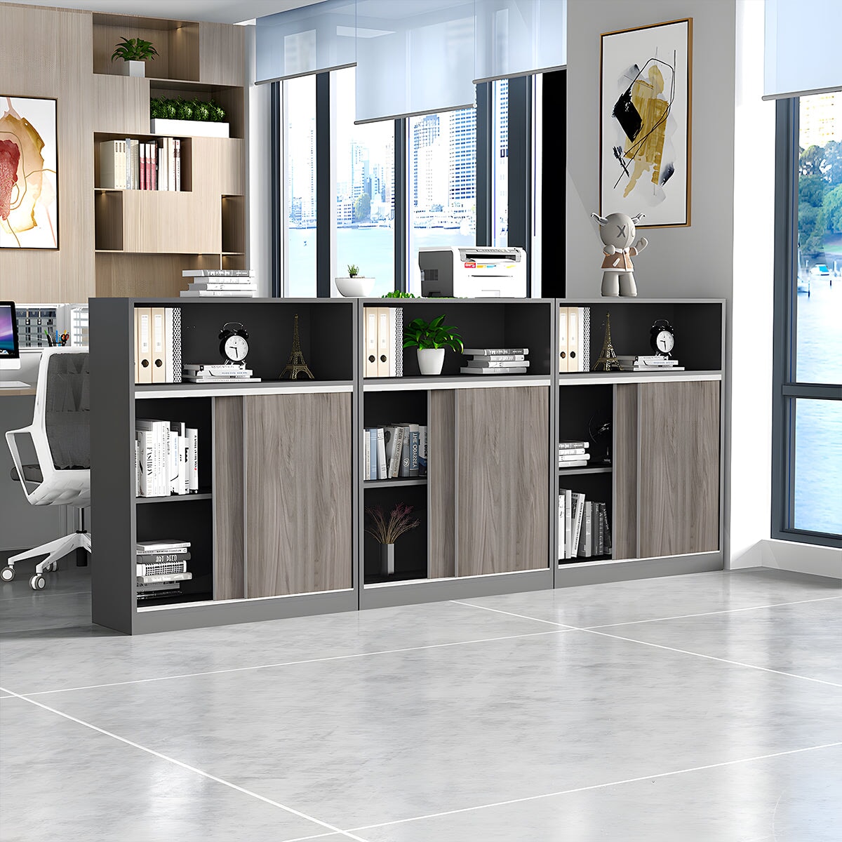 事務所用キャビネット　木製書庫　木製キャビネット　書庫　キャビネット　大容量収納スペース　スライドレール　エコ素材　シンプル　グレー　CWG-M-034