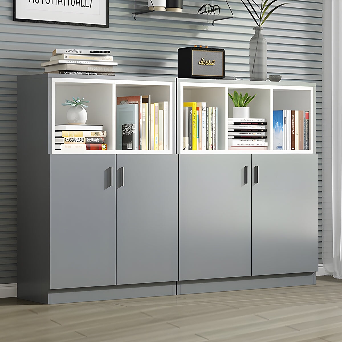 スクエアキャビネット　木製書庫　 キャビネット　オープン収納　扉付きキャビネット　家具　インテリア　お洒落　グレー　ホワイト