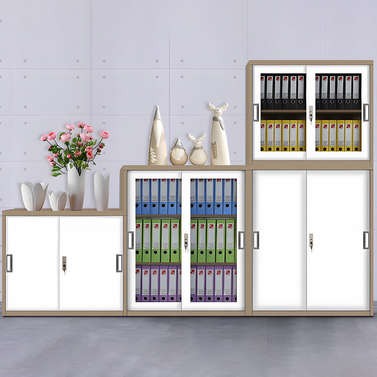 オフィスキャビネット　ファイリングキャビネット　スチール製書庫　書類整理棚　冷間成形鋼　引き戸　可動棚板　　錠付き　シリンダー錠　パウダーコーティング　ホワイト　