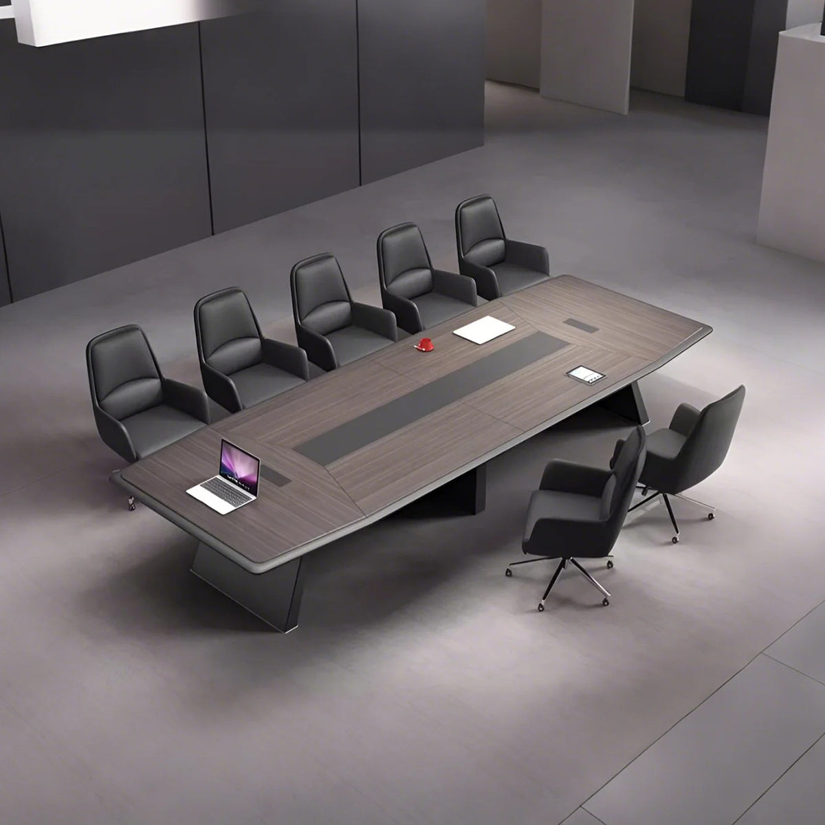 厚み　重厚感　頑丈　二重天板　Ｒ仕上げ　幅広　ゆとり　テーブル　会議テーブル　木目調　ダークトーン　落ち着き　ウォールナット　カスタマイズ可能