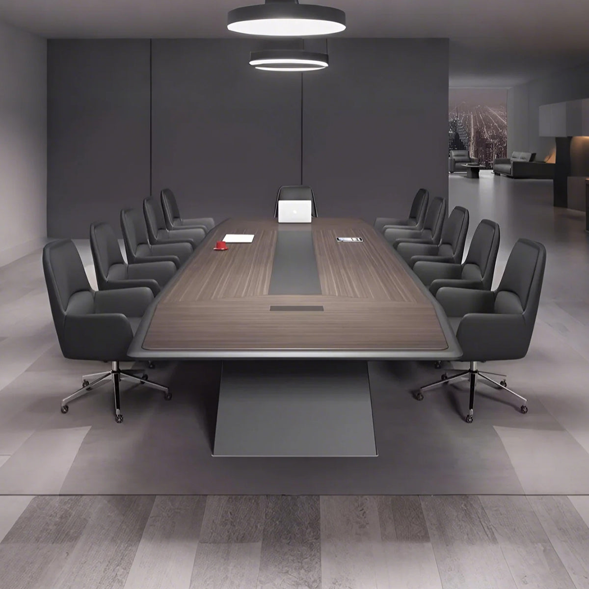 厚み　重厚感　頑丈　二重天板　Ｒ仕上げ　幅広　ゆとり　テーブル　会議テーブル　木目調　ダークトーン　落ち着き　ウォールナット　カスタマイズ可能