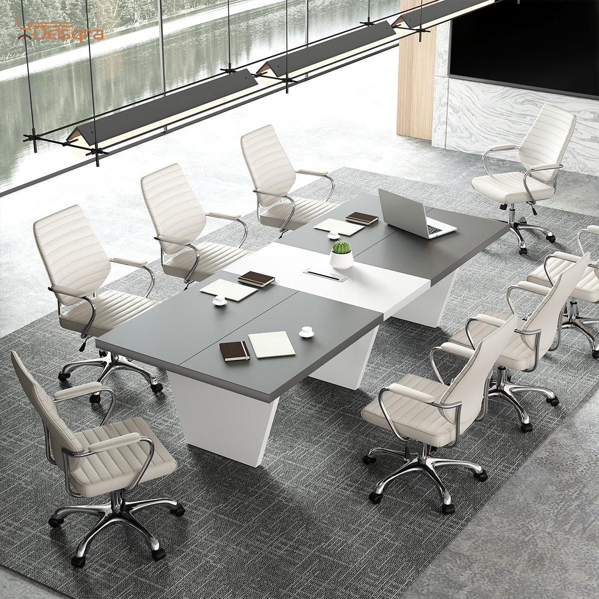 オフィス会議テーブル 6-8 人用 ウォールナット木目仕上げ 洗練デザイン ケーブルマネジメント付き 傷防止表面