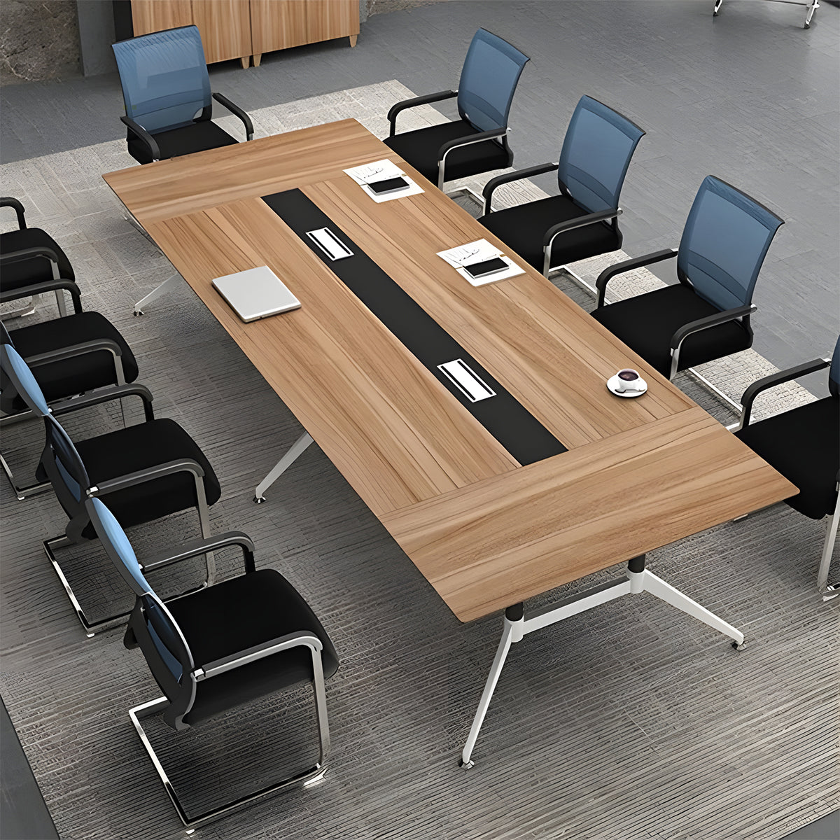 配線ボックス　幅広　八の字型　金属脚　テーブル　ミーティングテーブル　会議テーブル　シンプル　木目調　モダン　カスタマイズ可能　HYZ-C034