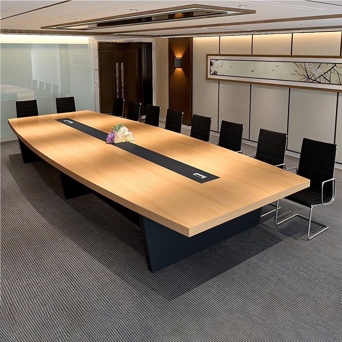 分厚い天板　配線ボックス　幅広　舟型天板　台形脚　安定性　会議テーブル　ミーティングテーブル　テーブル　木目調　自然な風合い　洗練　シンプル 　カスタマイズ可能　HYZ-C041　