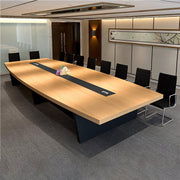 分厚い天板　配線ボックス　幅広　舟型天板　台形脚　安定性　会議テーブル　ミーティングテーブル　テーブル　木目調　自然な風合い　洗練　シンプル 　カスタマイズ可能　HYZ-C041　