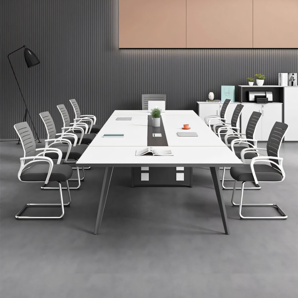 配線穴　エコ板材　厚み　バイカラー　金属脚　八の字構造　安定性　テーブル　会議テーブル　シンプル　洗練　ホワイト　カスタマイズ可能　