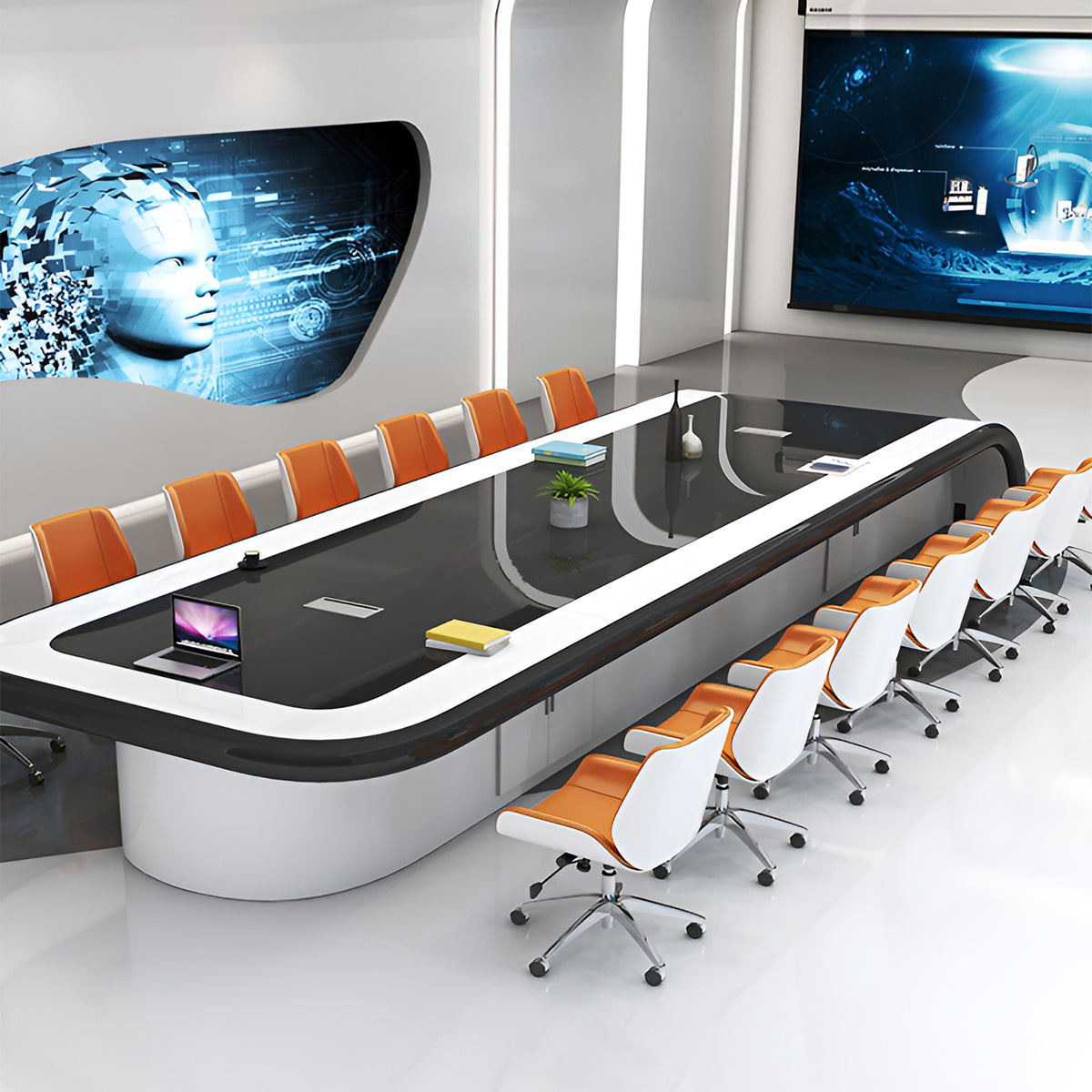 流線型　なめらか　耐久性　幅広　ゆとり　鏡面仕上げ　配線孔　テーブル　会議テーブル　おしゃれ　モダン　ホワイト　ブラック　カスタマイズ可能　HYZ-K-099