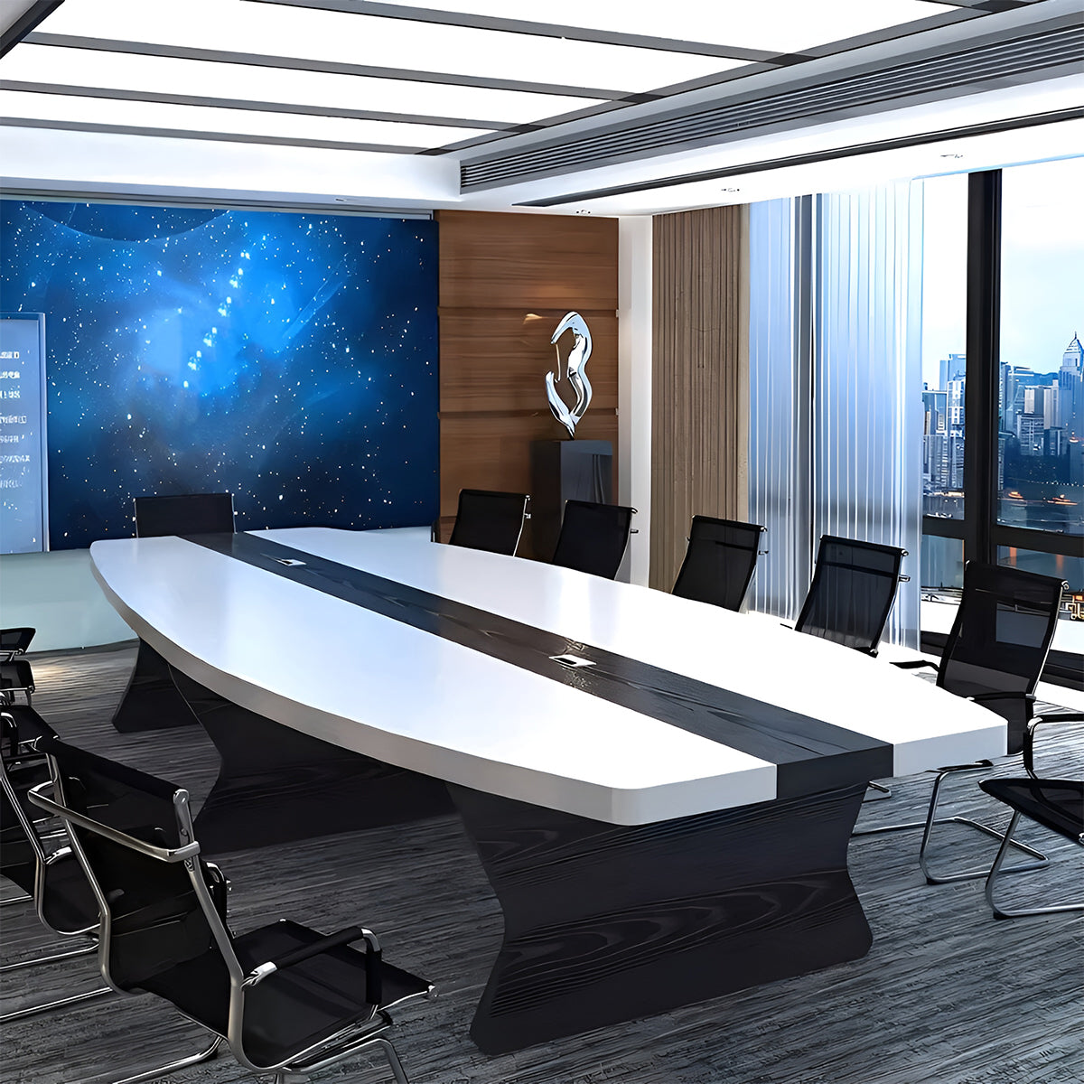 木目調　配線孔　分厚い天板　重厚感　弧状デザイン　会議テーブル　テーブル　ミーティング　上質　エレガント　ホワイト　カスタマイズ可能