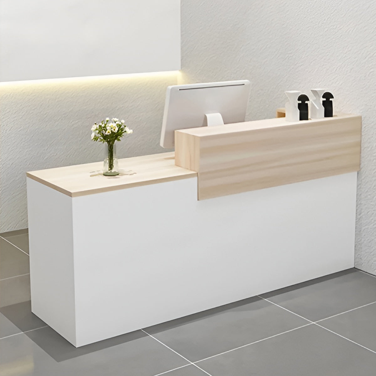 エコ板材　安全で無臭　頑丈　錠付き引き出し　上部天板　キーボードトレイ　仕切り板　バイカラー　カウンター　受付カウンター　シンプル　モダン　洗練　ホワイト　カスタマイズ可能　JDT-K-111