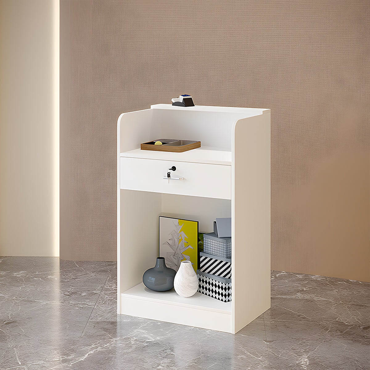 受付カウンター　受付台　レジカウンター　マーブル模様　鍵付き　シリンダー錠　引出し付き　分類収納　シンプル　ホワイト　