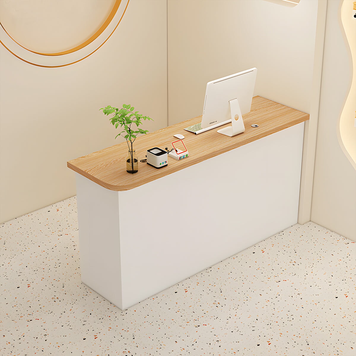 受付カウンター　レジカウンター　カウンター　角丸　配線孔付き　錠付き　引出し付き　シンプルホワイト　カスタマイズ可能