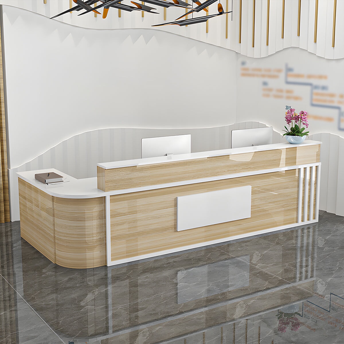 受付カウンター　L字型　ワークトップ　カウンター　マーブル模様　キーボードトレイ付き　錠付き　引出し付き　角丸　ホワイト　カスタマイズ可能　JDT-M-138　