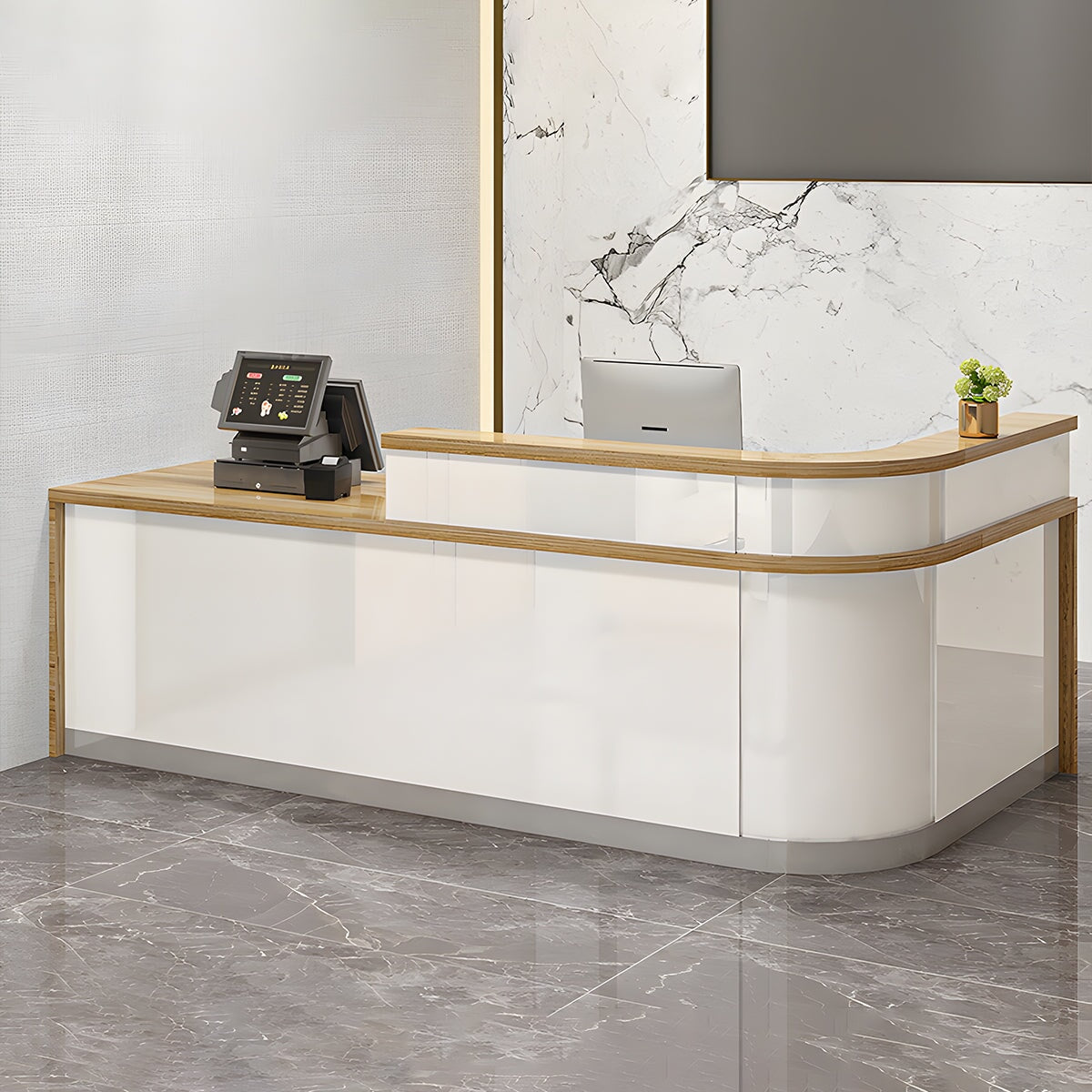 受付カウンター　ハイカウンター　カウンター　石目調　シリンダー錠　引出し付き　キーボードトレイ付き　R仕上げ　ホワイト　カスタマイズ可能　JDT-M-139　 