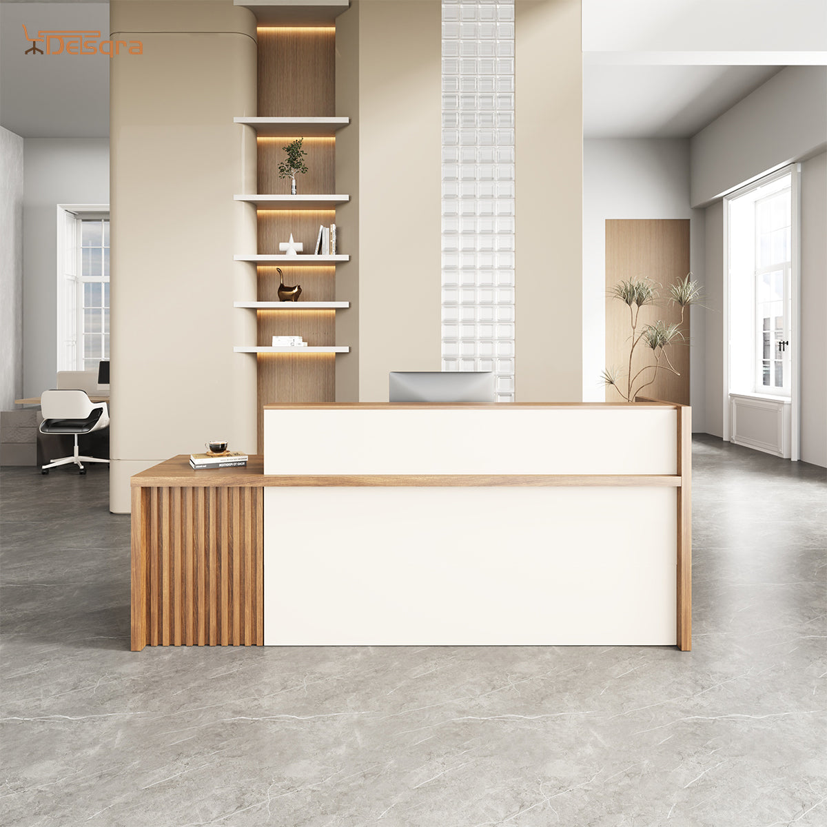 洗練されたオフィス受付デスク デュアルティア天板 ロック引き出し・広々収納キャビネット 配線孔付き エコフレンドリー高品質ボード