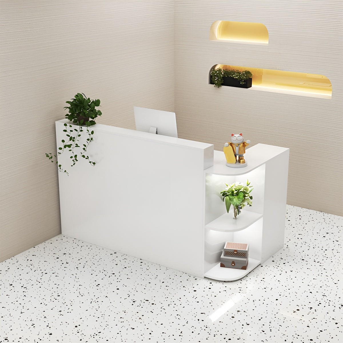 受付カウンター　受付台　エントランス受付　レジカウンター　カウンター　オフィス受付 　角丸　ロック付き　オープン収納　JDT-415