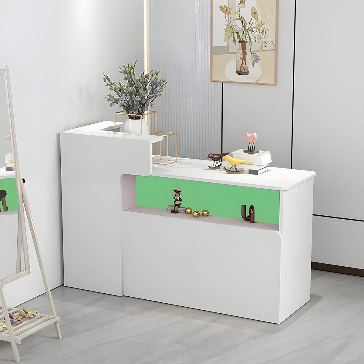 会社用　業務用　収納機能　角丸　木製受付カウンター　レセプションデスク　レジカウンター　受付カウンター　エントランス受付　シンプル　ホワイト　カスタマイズ可能　JDT-C014　